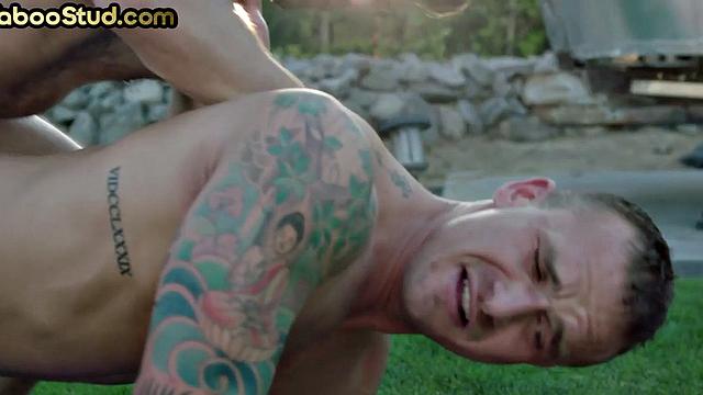 Weird tattooed stud rims and fucks stepbro outdoors by pool