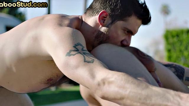 Weird tattooed stud rims and fucks stepbro outdoors by pool