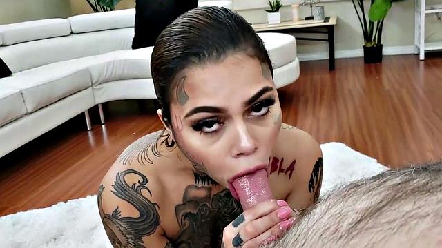 Tattooed POV bae enjoys sucking cock while jerking it