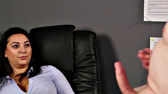 CFNM femdom babe in nylons n heels teases wanker in office