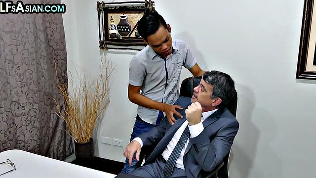 Skinny Asian twink fucked in office till cum in mouth