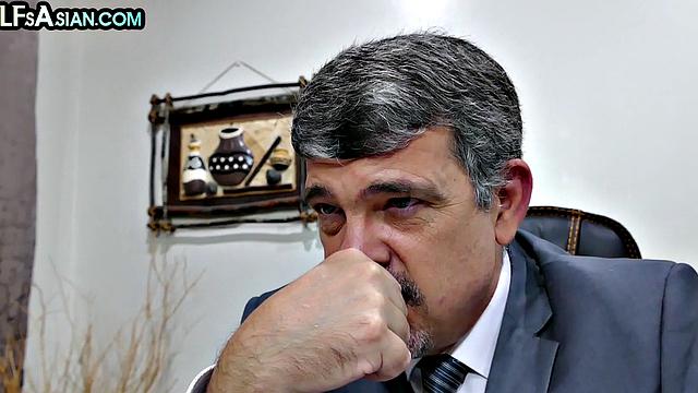 Skinny Asian twink fucked in office till cum in mouth