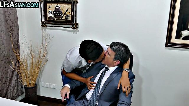 Skinny Asian twink fucked in office till cum in mouth