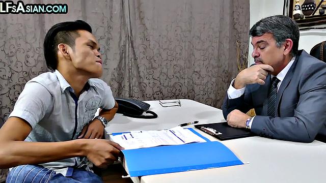 Skinny Asian twink fucked in office till cum in mouth