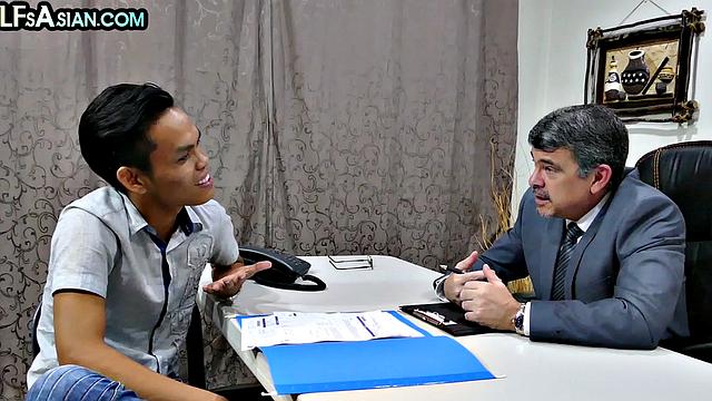 Skinny Asian twink fucked in office till cum in mouth