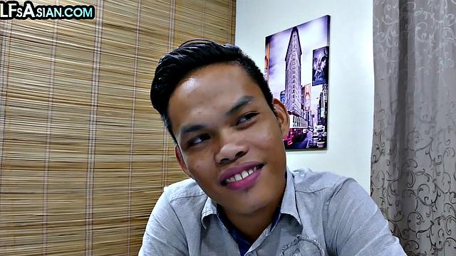 Skinny Asian twink fucked in office till cum in mouth