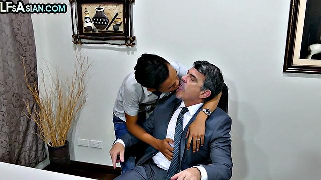 Skinny Asian twink fucked in office till cum in mouth