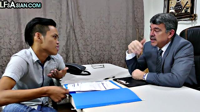 Skinny Asian twink fucked in office till cum in mouth