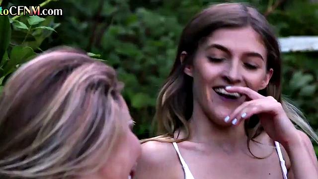 CFNM babes deepthroating lucky guy outdoors until cumshot