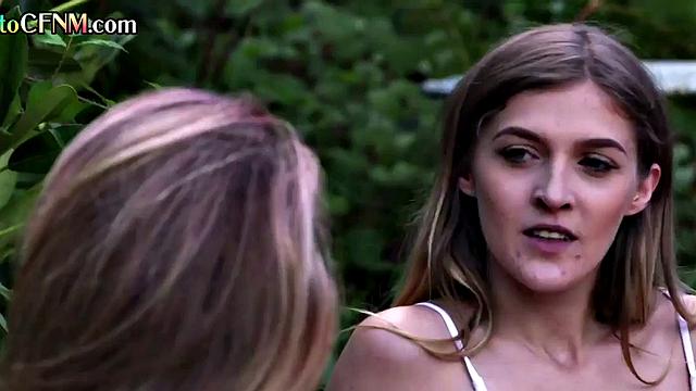 CFNM babes deepthroating lucky guy outdoors until cumshot