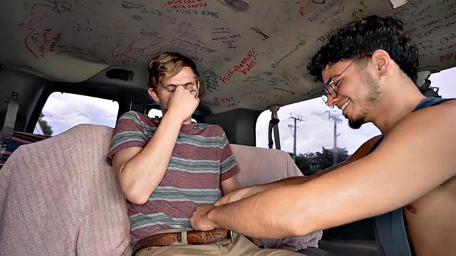 Fooled str8 stud gets sucked by gay in public outdoor van