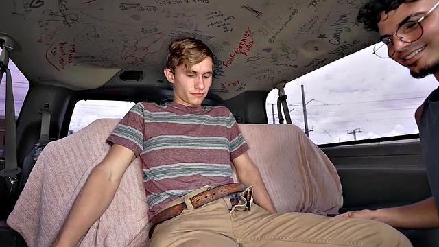 Fooled str8 stud gets sucked by gay in public outdoor van