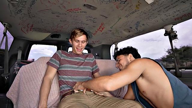 Fooled str8 stud gets sucked by gay in public outdoor van