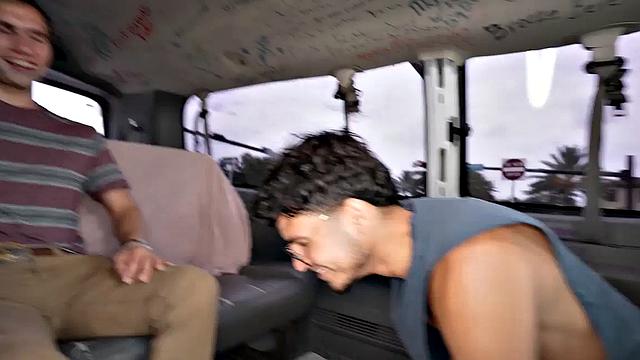 Fooled str8 stud gets sucked by gay in public outdoor van