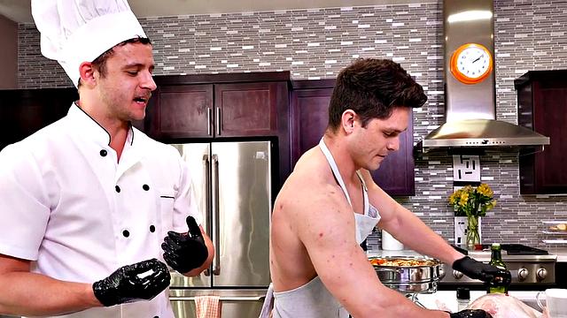 Fisting gay chef fists helper's gaping asshole in kitchen