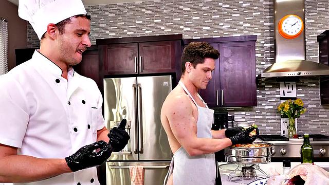 Fisting gay chef fists helper's gaping asshole in kitchen