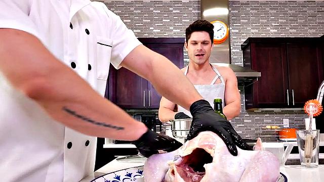 Fisting gay chef fists helper's gaping asshole in kitchen