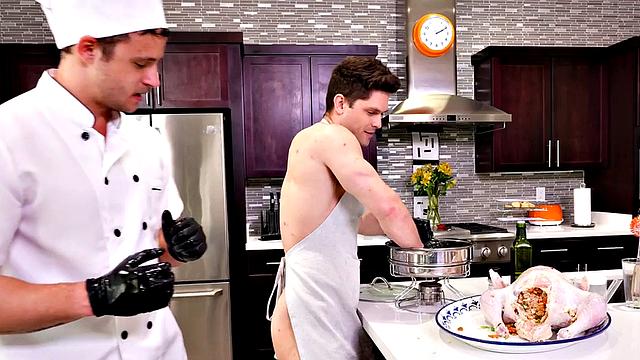 Fisting gay chef fists helper's gaping asshole in kitchen