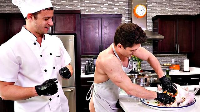 Fisting gay chef fists helper's gaping asshole in kitchen
