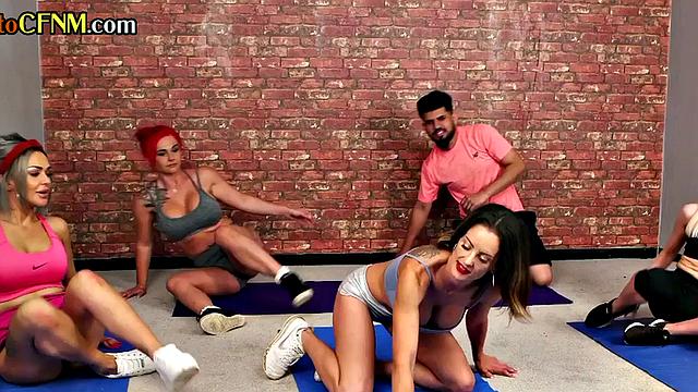 CFNM British yoga femdoms jerk guy's cock in group action