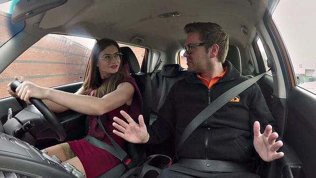 Naughty student gets her stockings ripped while getting her tight pussy pounded in public car sex