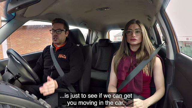 Naughty student gets her stockings ripped while getting her tight pussy pounded in public car sex