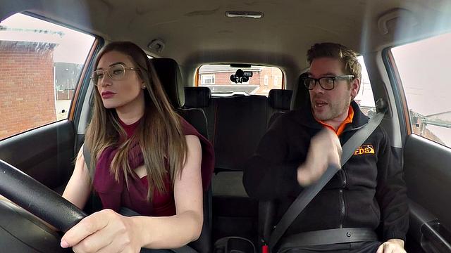 Naughty student gets her stockings ripped while getting her tight pussy pounded in public car sex