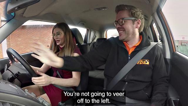 Naughty student gets her stockings ripped while getting her tight pussy pounded in public car sex