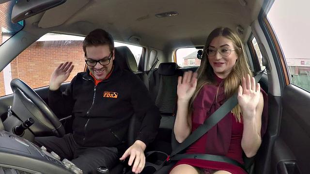 Naughty student gets her stockings ripped while getting her tight pussy pounded in public car sex