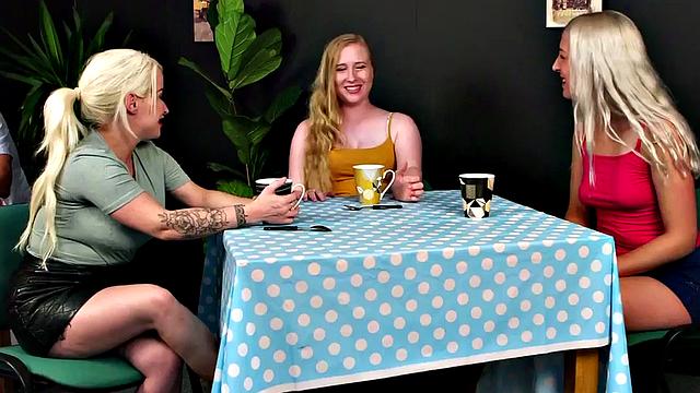 CFNM babes share nice hard dick while blowing it hard