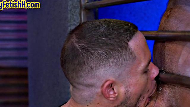 Fisting addict in harness gets spoiled with gloved hand