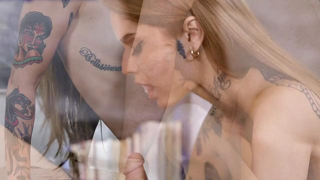 Greedy tattooed babe fucked in classroom by deepthroated partner