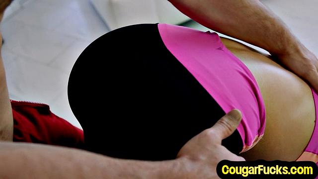 Athletic busty MILF riding her BF