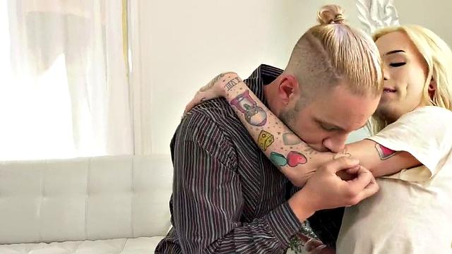 Racy blonde ladyboy got doggystyled in her tight ass