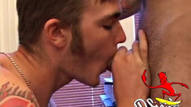 While watching a porn video on the TV, Rock and Christian swap spit and get naked. Rock goes down on Christian nad sucks his cock hard. After Christian reciprocates, they 69 on the floor.