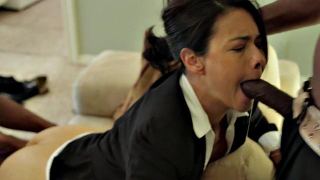 A Asian MILF get her trimmed pussy pounded by a black rod while getting her ass reamed by a BBC