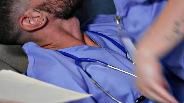 Trans nurse sucking before barebacked by colleague