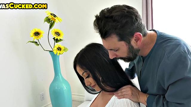 Cheating bigass MILF rides lover's cock in front of voyeur cuck