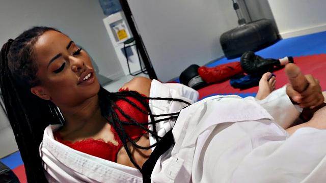 Smalltit Ebony babe rides guy before blowjob