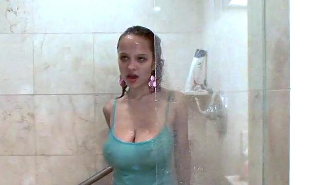 Gorgeous busty brunette teen mastur*ates