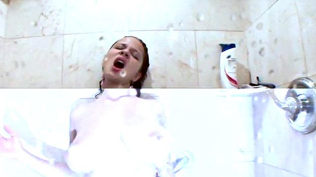 Gorgeous busty brunette teen mastur*ates