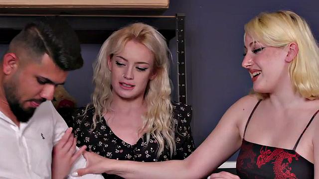 CFNM sluts seduce naked guy before teasing his white dick