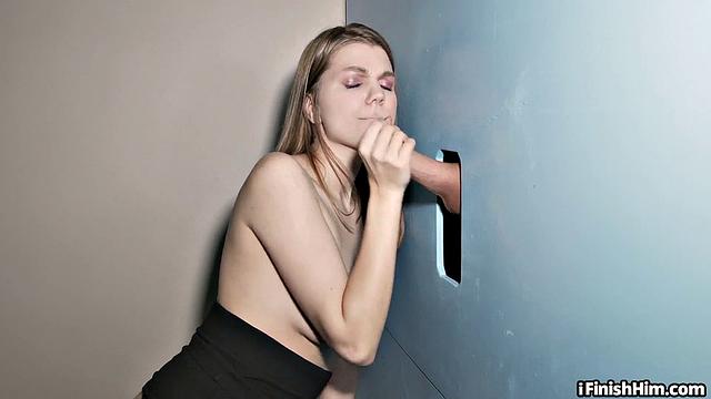 Petite 21yo teases with deepthroating at glory hole