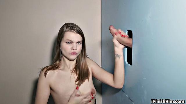 Petite 21yo teases with deepthroating at glory hole