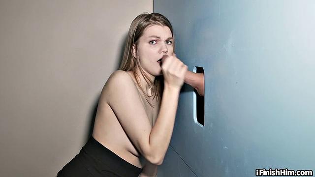 Petite 21yo teases with deepthroating at glory hole