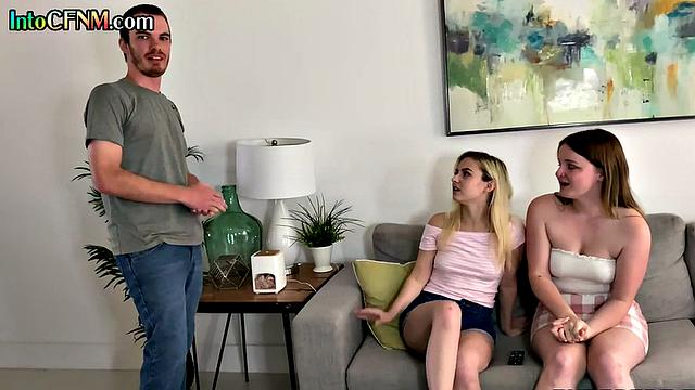 CFNM beauties share in threesome before blowing his dick