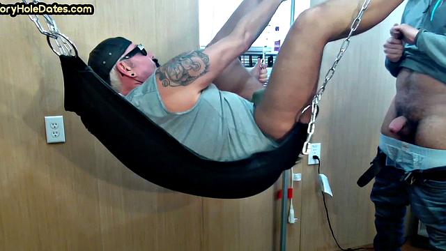 Amateur DILF gets fucked in sling at home by his top BF