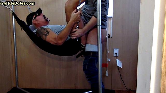 Amateur DILF gets fucked in sling at home by his top BF