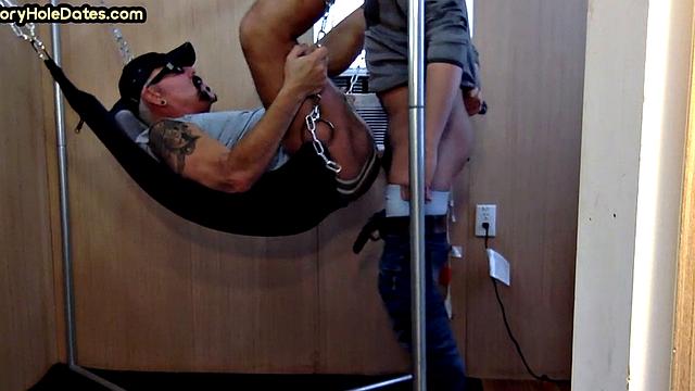 Amateur DILF gets fucked in sling at home by his top BF