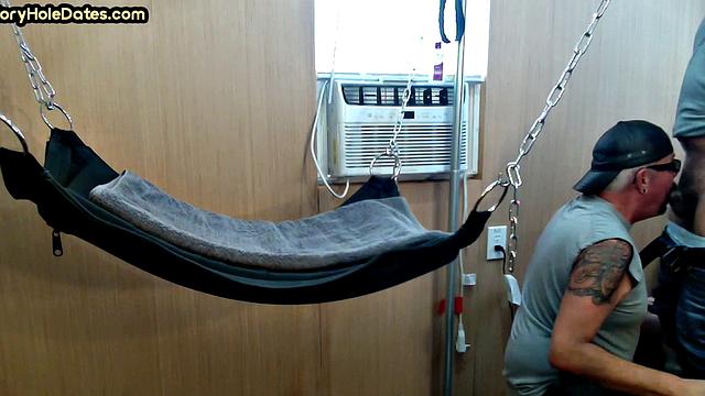 Amateur DILF gets fucked in sling at home by his top BF